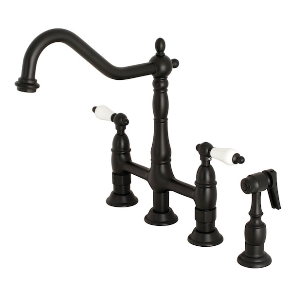 KS1270PLBS Heritage Bridge Kitchen Faucet W/ Brass Sprayer, Matte Black